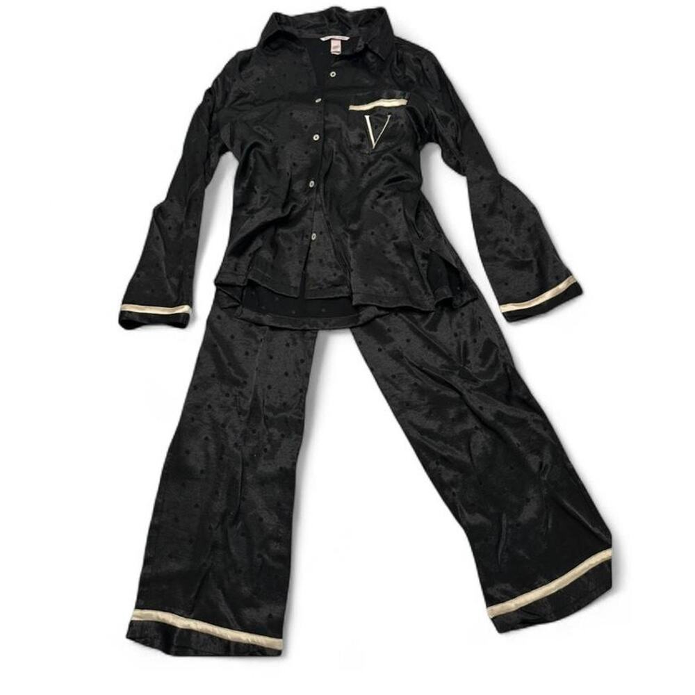 Victorias Secret Polka Dot PJ Satin Set Black With Gold Trim Size Medium V Logo